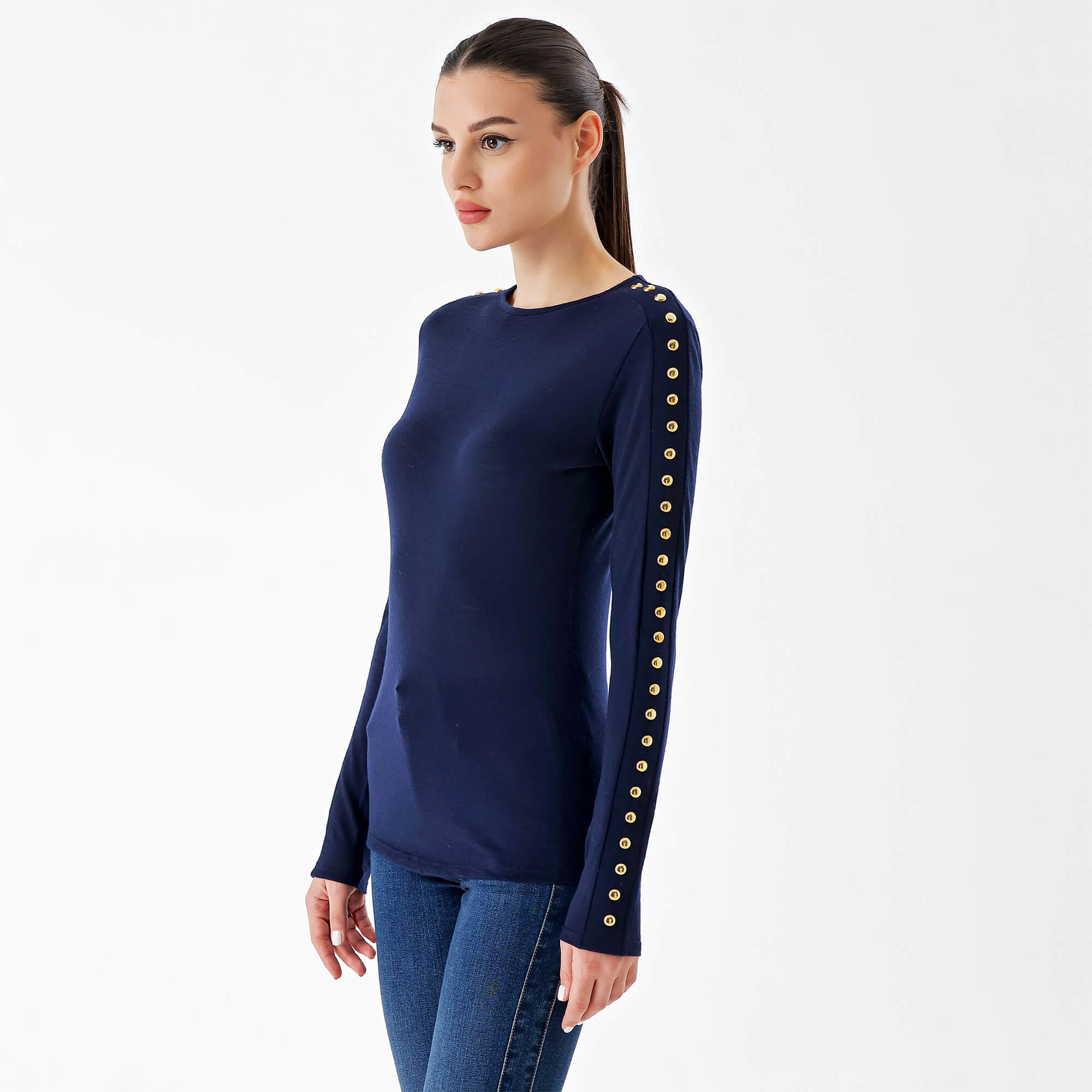 Balmain - Navy Blue Wool & Gold Stud Thin Sweater
